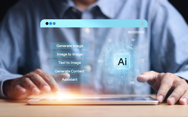 AIまたは人工知能とチャットする 若いビジネスマンがスマートなAIとチャットします