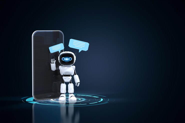 Photo chatbot or assistant robot chat with speech bubble