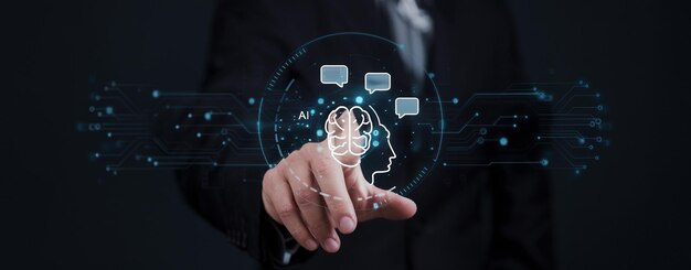 Chatbot Chat met AI of Artificiële Intelligentie technologie man met behulp van een laptop computer chatten