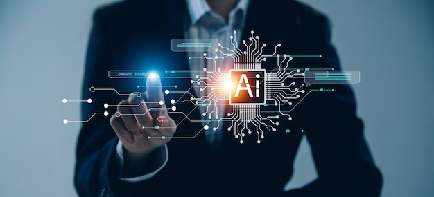 Chatbot Chat with AI Artificial Intelligence man using technology smart robot AI artificial intelligence by enter command prompt for generates something Futuristic technology transformation