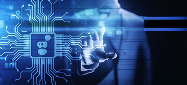Chatbot computer program Business Man Developing Virtual Digital Web Design Using AI Technology