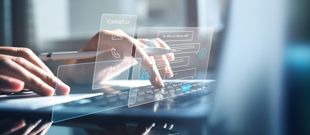 Chatbot conversation assistant Person using online customer service with chat bot to get support Artificial intelligence and CRM software technology customer support center CONTACT US
