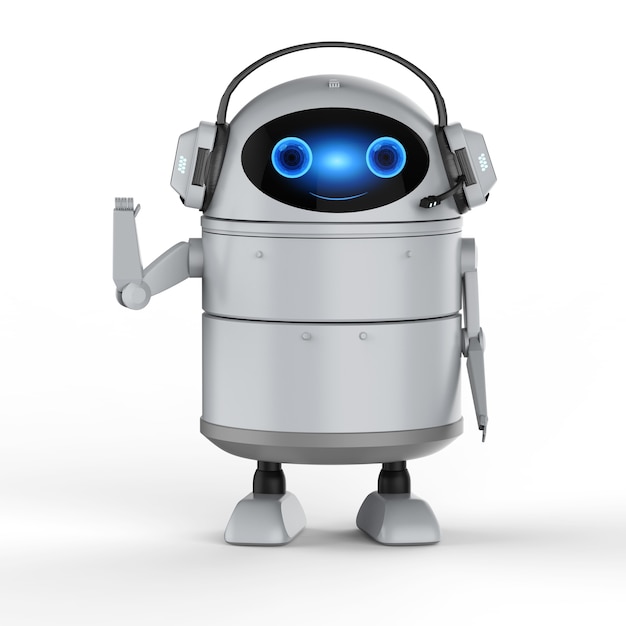 Chatbotconcept met 3D-rendering Android-robot met hoofdtelefoonhand omhoog