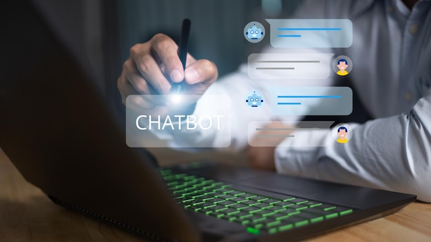 Foto chatbotgesprek persoon die online klantenservice gebruikt met chatbot om ondersteuning te krijgen kunstmatige intelligentie en crm-softwareautomatiseringstechnologie virtuele assistent op internet