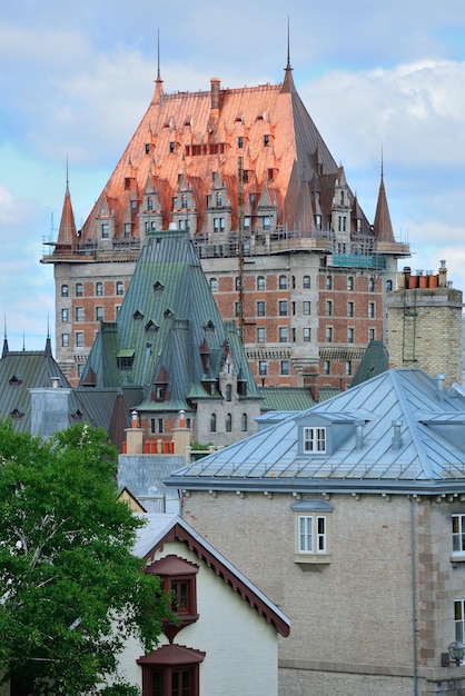 Chateau Frontenac in the day with cloud and blue sky in Quebec City with roof