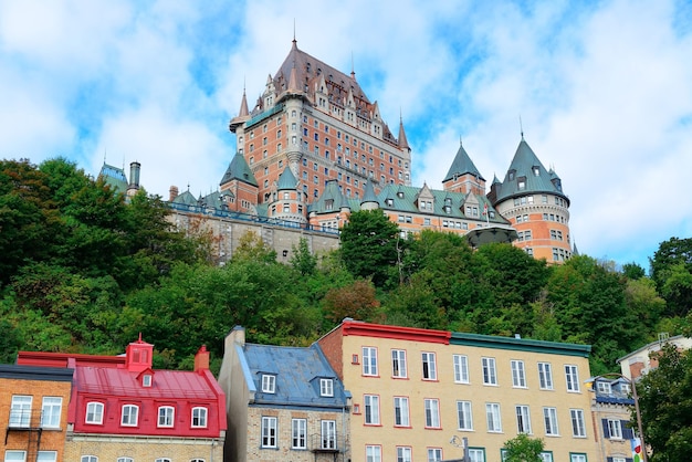 Chateau Frontenac in the day with colorful buildings on street in Quebec City