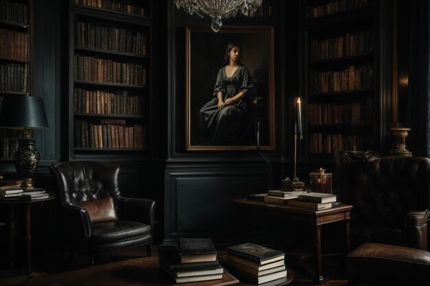 библиотека замка черная комната черная стена черная мебель канделябра