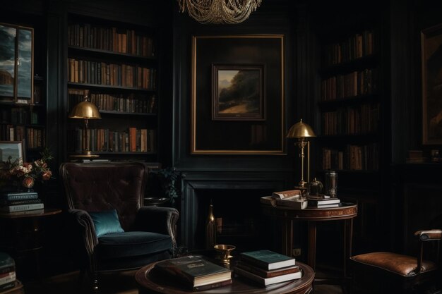 Photo chateau library black room black wall black furniture candelabra