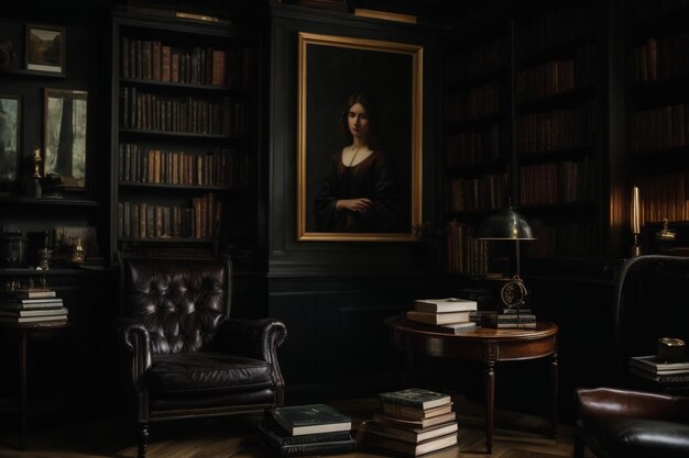 Photo chateau library black room black wall black furniture candelabra