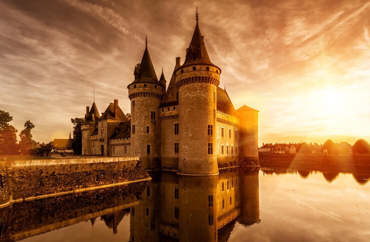 Photo the chateau of sullysurloire at sunset france