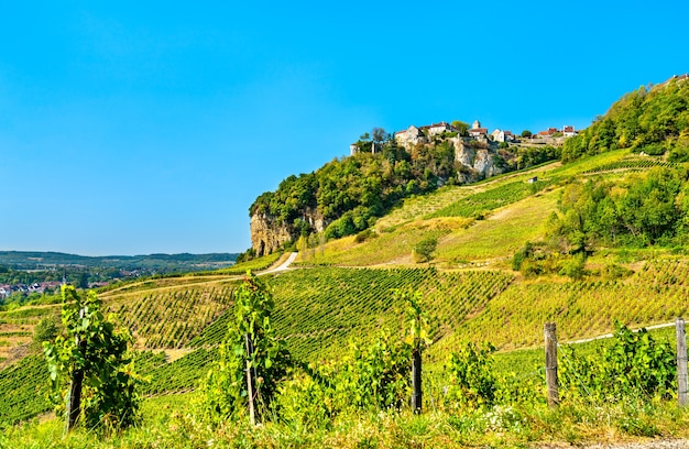 Chateauchalon village above its vineyards in jura france