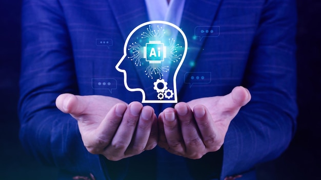 ChatGPT Chat met AI of Artificiële Intelligentie met behulp van touch AI-icone op virtuele scherm robot applicatie Digitale chatbot OpenAI genereren Futuristisch technologie concept