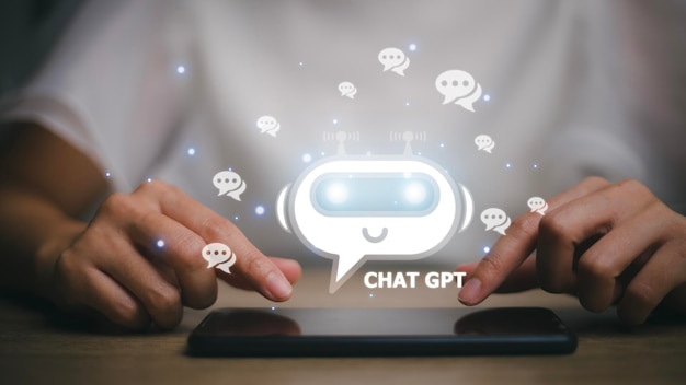 ChatGPT Chat met AI of kunstmatige intelligentie man chat met een slimme AI of kunstmatige intelligentie met behulp van een kunstmatige intelligentie-chatbot ontwikkeld door OpenAI