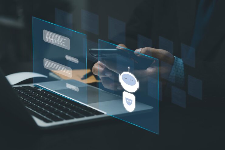 ChatGPT Chat with AI or Artificial Intelligence Digital chatbot robot application OpenAI generate Futuristic technology Man using laptop computer on virtual screenchat gpt concept