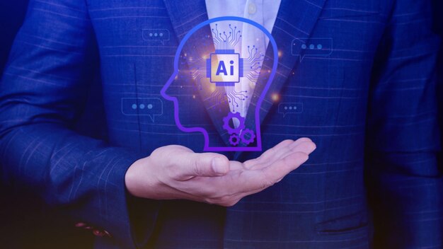 ChatGPT 與 AI 或人工智能聊天,在虛擬螢幕上使用觸控 AI 圖標,機器人應用程式數碼聊天機器人 OpenAI 產生未來技術概念