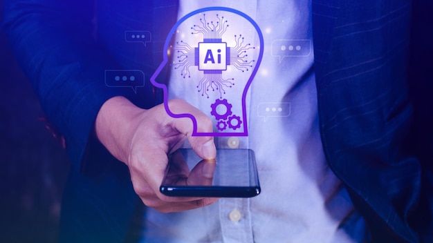 chatgpt chat with ai or artificial intelligence using touch ai icon on virtual screen robot application digital chatbot openai generate futuristic technology concept