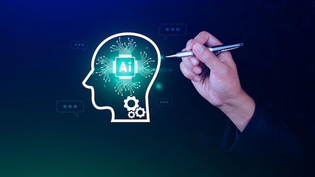 ChatGPT 與 AI 或人工智能聊天,在虛擬螢幕上使用觸控 AI 圖標,機器人應用程式數碼聊天機器人 OpenAI 產生未來技術概念