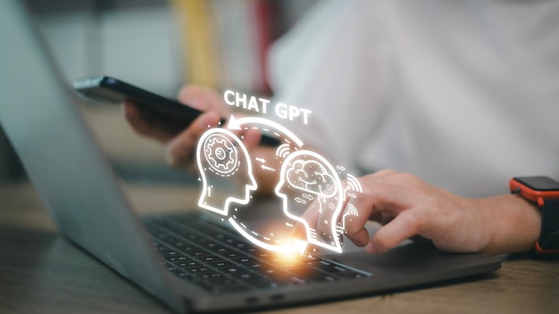 Chatgpt chat with ai or artificial intelligence woman chatting\
with a smart ai or artificial intelligence using an artificial\
intelligence chatbot developed by openai