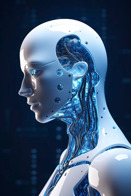 ChatGPT een denkende robot een humanoïde robot staat voor close-up futuristische moderne tech chatbot assistentie auto gesprek Toekomstige digitale technologie AI kunstmatige intelligentie concept ai genereren