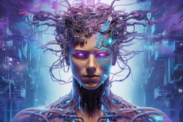 ChatGPT supercomputer and artificial intelligence in the face of a man connected to the Internet