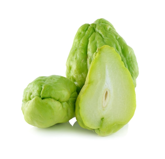 Photo chayote squash and a half on white background