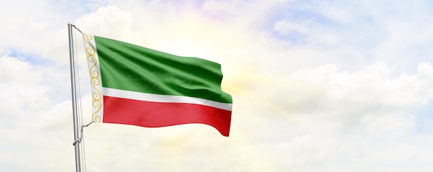 Chechen Republic flag waving on sky background 3D Rendering