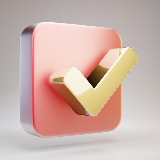 Check icon. Golden Check symbol on red matte gold plate. 3D rendered Social Media Icon.