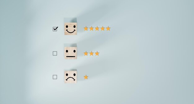 Check mark to select smile face with five stars on blue background Customer evaluation concept