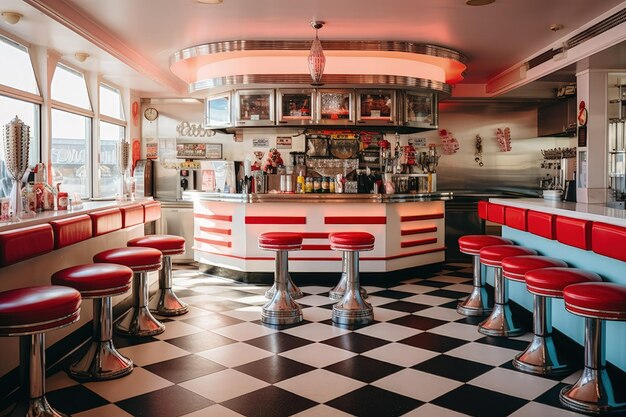 A checkered floor in a diner with red stools