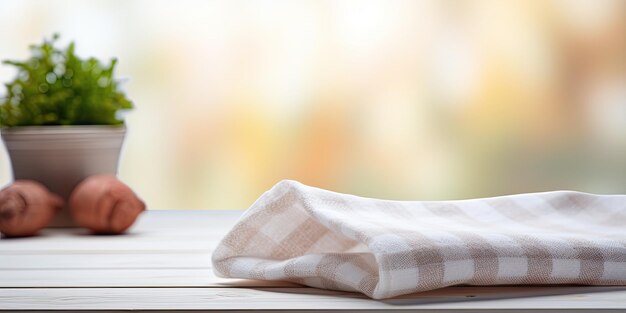 Фото Шаровое кухонное полотенце на столе с размытым занавесом на заднем плане
