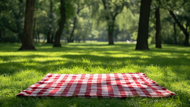 Checkered Picnic Blanket on Lush Park Grass