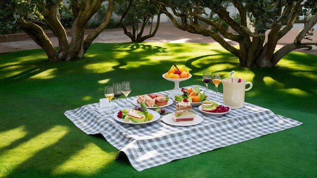 Checkered table cloth on green turf