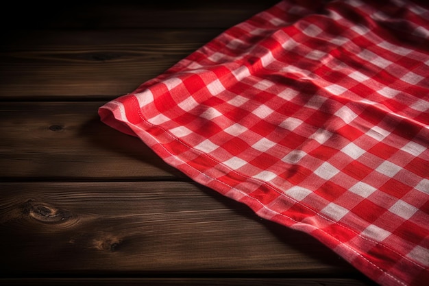 Checkered tablecloth on wooden table Ai Picnic backdrop background