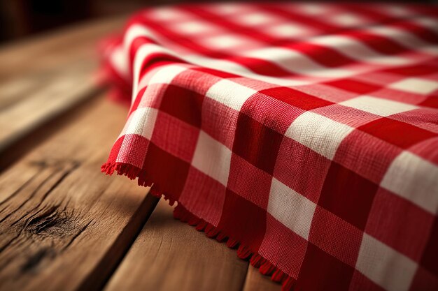 Checkered tablecloth on wooden table Ai Picnic backdrop background