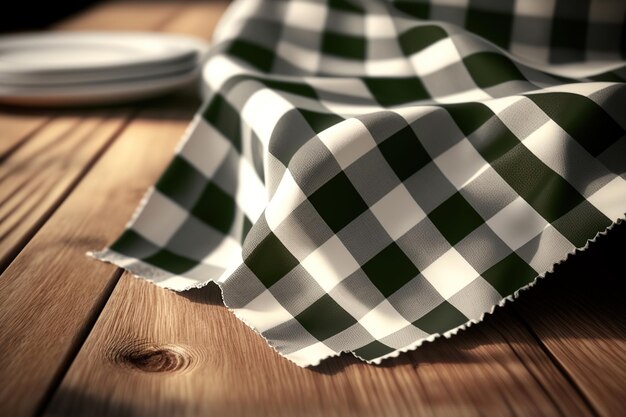 Checkered tablecloth on wooden table Ai Picnic backdrop background