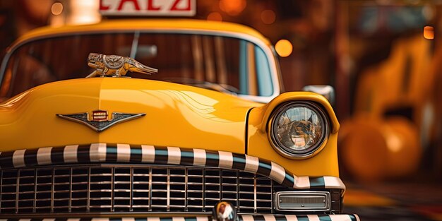 Checkered taxi sign on top of the car closeup