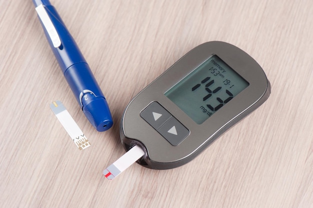 Photo checking blood sugar level with blood glucose meter.