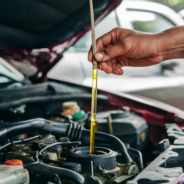 Photo checking the engine oil car maintenance remove the dipstick to view the engine oil level