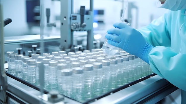 製薬工場の製品ラインで医療用バイアルのガラス瓶をチェックする Generative AI