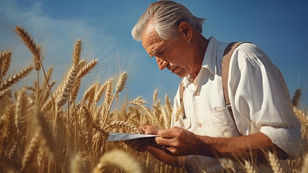 Фото Проверка урожайности зерновых культур мужчина проводит эксперименты в поле агрономия генеративный ии