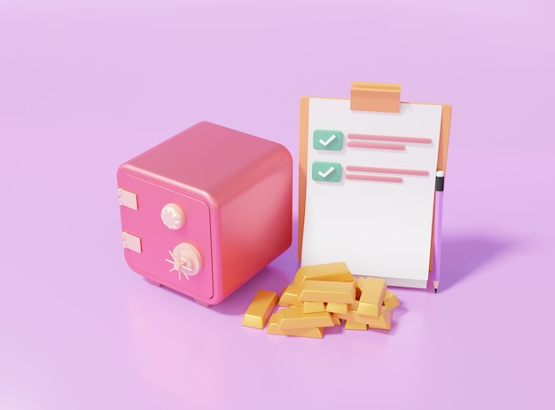 Checklist on a clipboard paper Safe box and gold bar isometric, asset exchange earning Finance saving concept. cartoon style minimal on purple pastel background, copy space, 3D render illustration