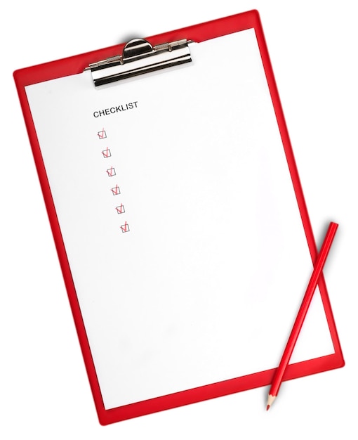Foto lista di controllo appunti matita carta di organizzazione del piano isolato