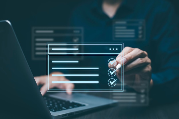 checklist and clipboard task documentation management online survey form checklist by laptop computer document management checking system online documentation database and process manage files