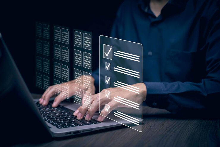 Checklist and clipboard task documentation management Online survey form checklist by laptop computer Document Management Checking System online documentation database and process manage files