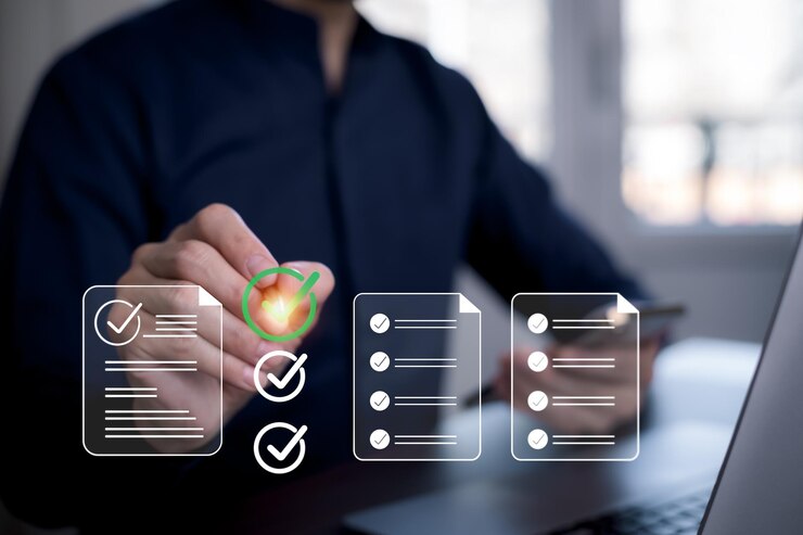 Checklist and clipboard task documentation management Online survey form checklist by laptop computer Document Management Checking System online documentation database and process manage files