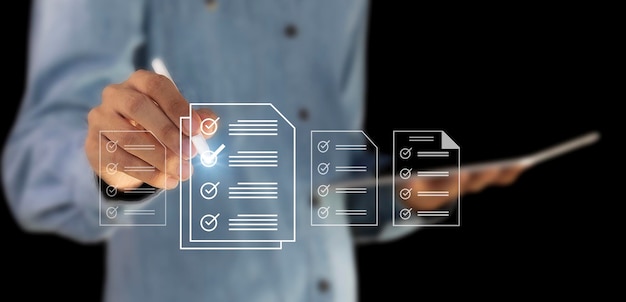 checklist Filling out digital form checklist businessman using online evaluation questionnaire