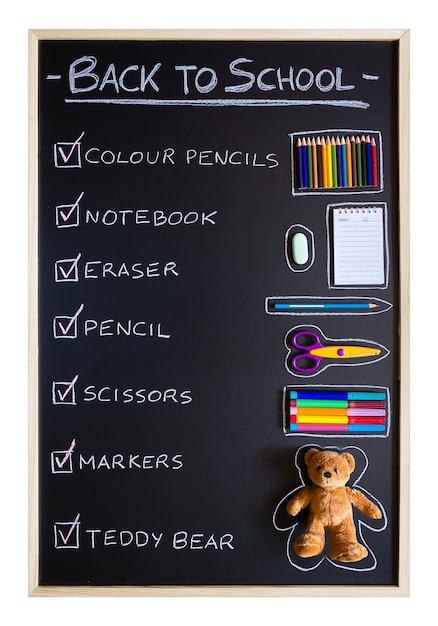 Checklist of school supplies over blackboard background