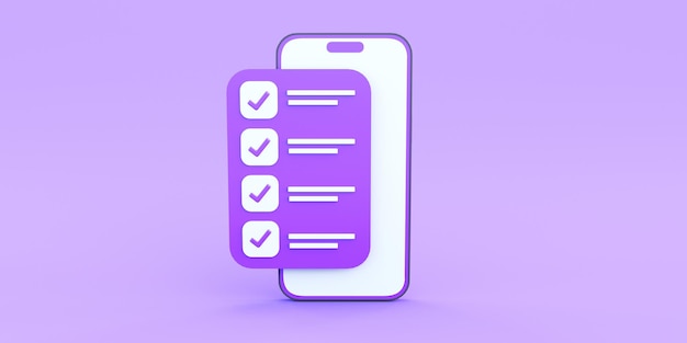 checklist with smartphone in purple background 3d render