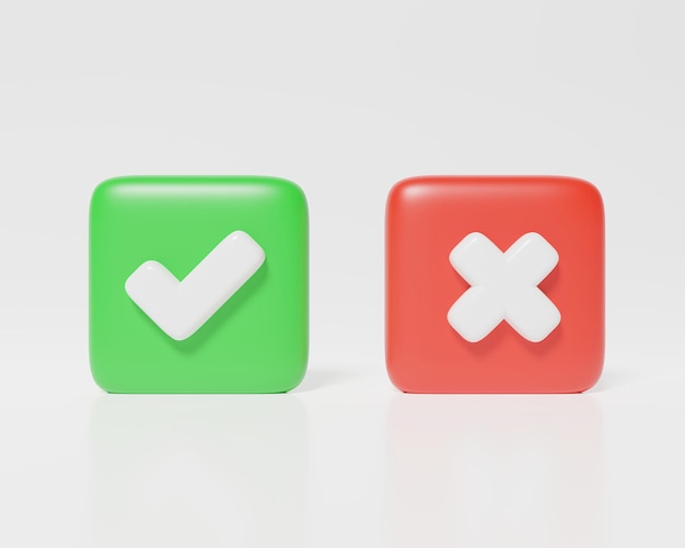 Checkmark and x or confirm Like or correct icon isolated white background checkmark button 3d rendering illustration websites symbol choice square answer box for checklist approval sign button