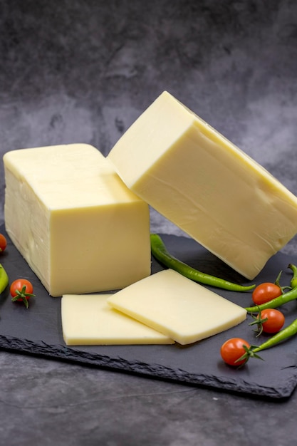 Cheddar cheese or kashkaval cheese on dark background Cheese slices on the serving board